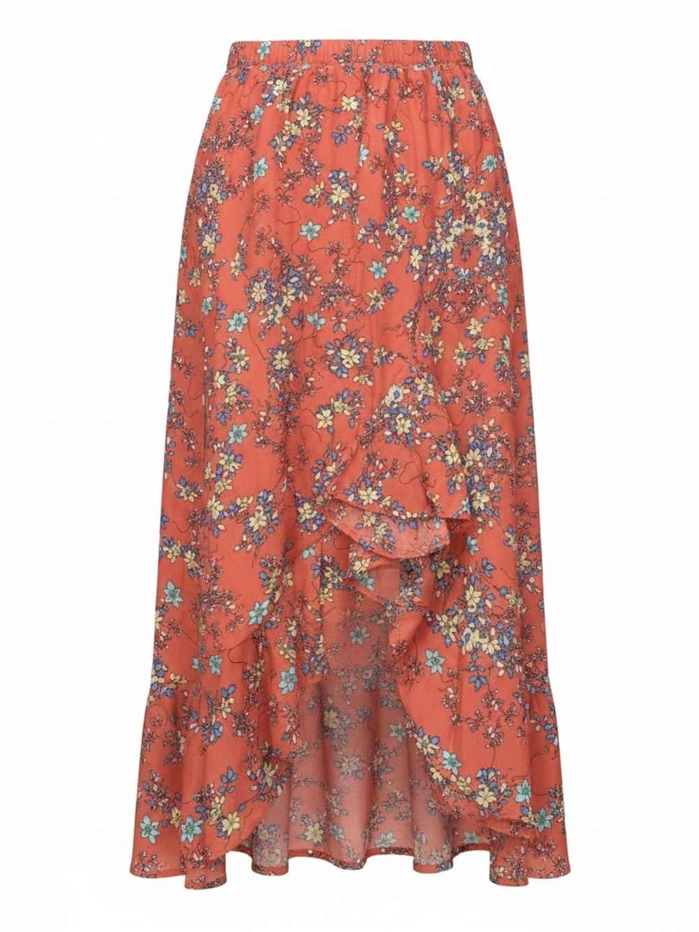 Max Studio Women's Coral Floral Ruffle Midi Skirt Asymmetric Ruffle Size Large